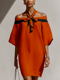 Women's Orange Off-Shoulder Mini Dress Black Bow Neck Detail 3