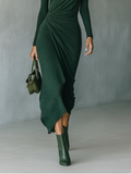 Women's Dark Green Knit Wrap Midi Dress High Neck Stretch 5