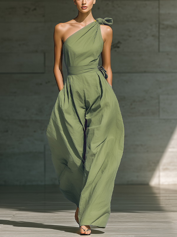 Women's Light Green Cotton Linen Jumpsuit One-Shoulder Wide-Leg Tie Waist