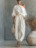 Off-White Linen Off-Shoulder Top and Tapered Pants Co-ord Set 1