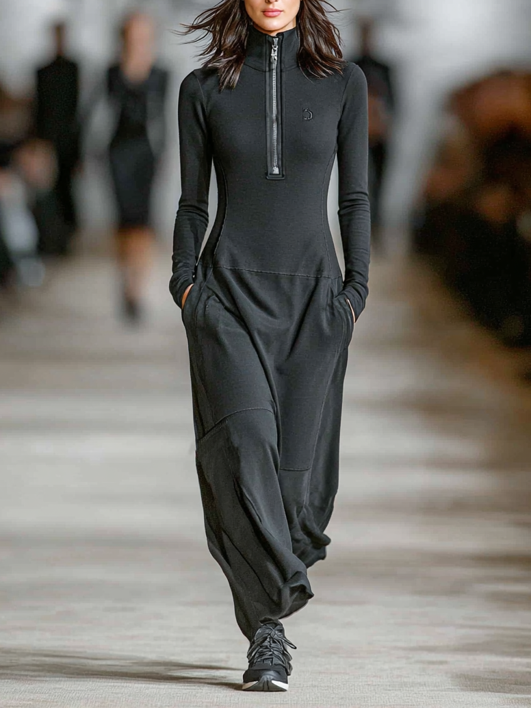 Cotton Blend Half-High Collar Zip-Up Loose Maxi Dress