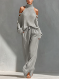Beige Knit Cold-Shoulder Turtleneck Top and Wide-Leg Pants Set 3