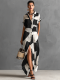 Cotton Linen Geometric Print Lapel Single-Breasted Short Sleeve Maxi Shirt Dress 5