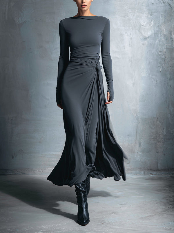 Women's Gray Wrap Maxi Dress Knotted Stretch Blend