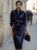 Satin Draped-Collar Midi Dress with Black Belt 2