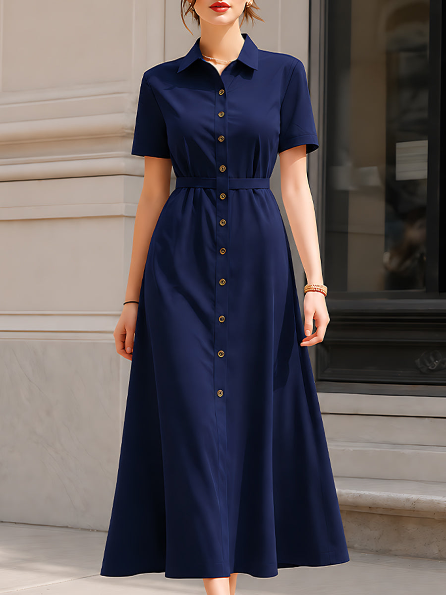 Maxi Dress Short Sleeve Button-Front Classic Fit