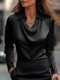 White Satin Blouse Draped Neckline Elegant Fitted 4