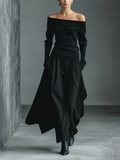 Women's Black Knit Off-Shoulder Top Long Sleeve Ruched Waist 4