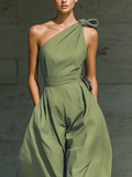 Women's Light Green Cotton Linen Jumpsuit One-Shoulder Wide-Leg Tie Waist 3