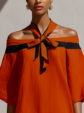 Women's Orange Off-Shoulder Mini Dress Black Bow Neck Detail 4
