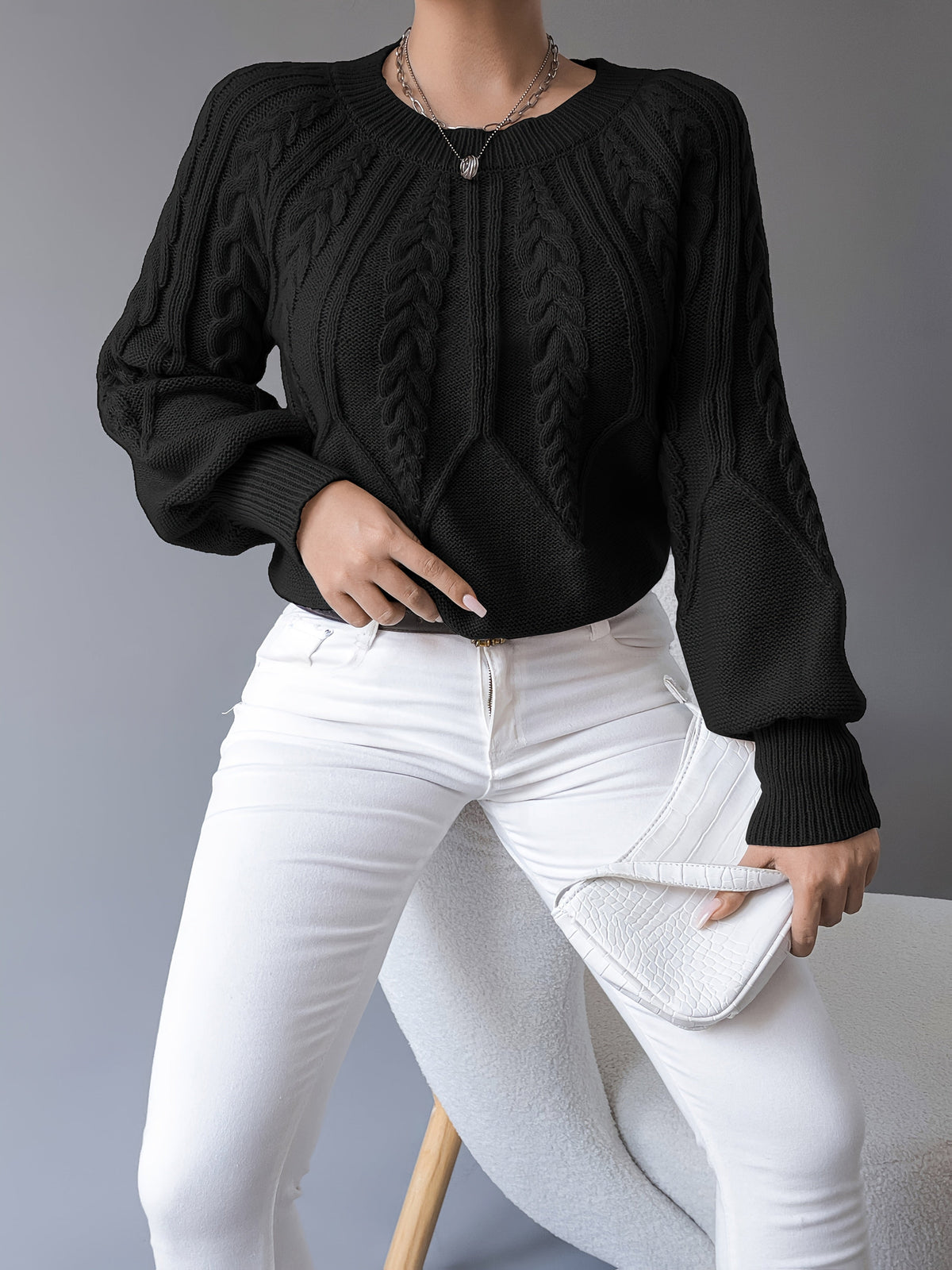 Tilda | Cropped Cable Knit Sweater with Lantern Sleeves for Women