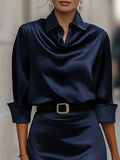 Satin Draped-Collar Midi Dress with Black Belt 3
