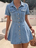 Deep Blue A-Line Denim Jacket for Women, Flared Hem 2