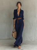 Lapel Single-Breasted Long Sleeve Belted Maxi Dress 5