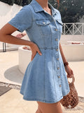 Deep Blue A-Line Denim Jacket for Women, Flared Hem 3