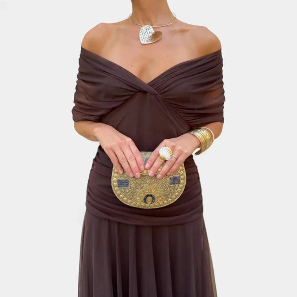 Chiffon Off-Shoulder Midi Dress Ruched Twist Front