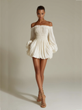 Women's Ivory Pleated Dress Off-Shoulder Ruched Waist Elegant 2
