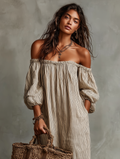 Women's Cotton Linen Off-Shoulder Maxi Dress Long Sleeve Vacation 5