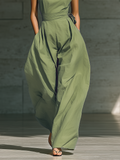 Women's Light Green Cotton Linen Jumpsuit One-Shoulder Wide-Leg Tie Waist 4
