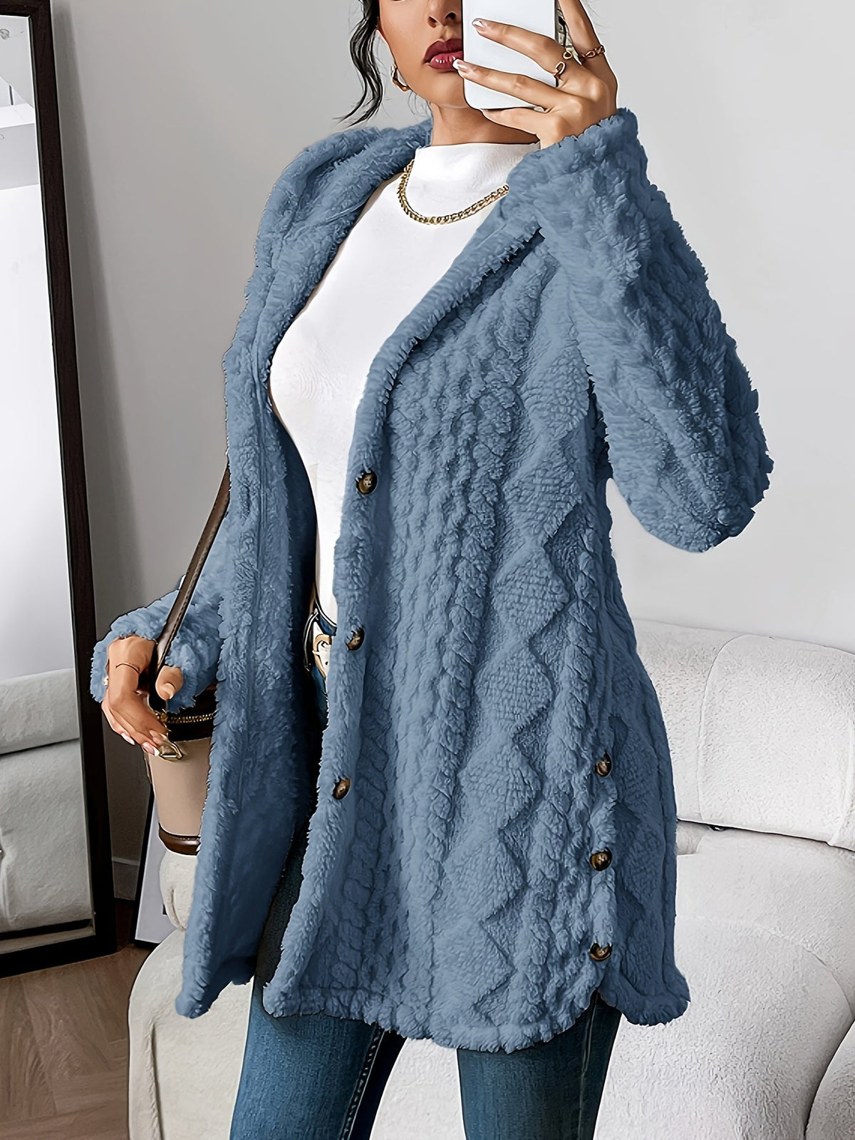 Women's Hooded Cardigan, Cable Knit Button Front