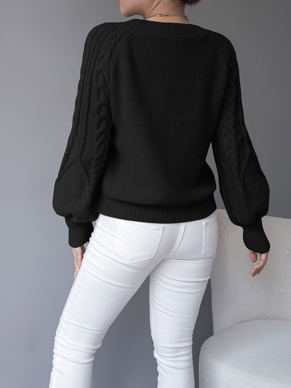 Tilda | Cropped Cable Knit Sweater with Lantern Sleeves for Women
