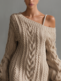 Women's Beige Cable Knit Off-Shoulder Mini Dress 4