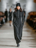 Cotton Blend Half-High Collar Zip-Up Loose Maxi Dress 4