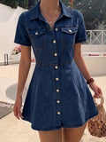 Deep Blue A-Line Denim Jacket for Women, Flared Hem 1