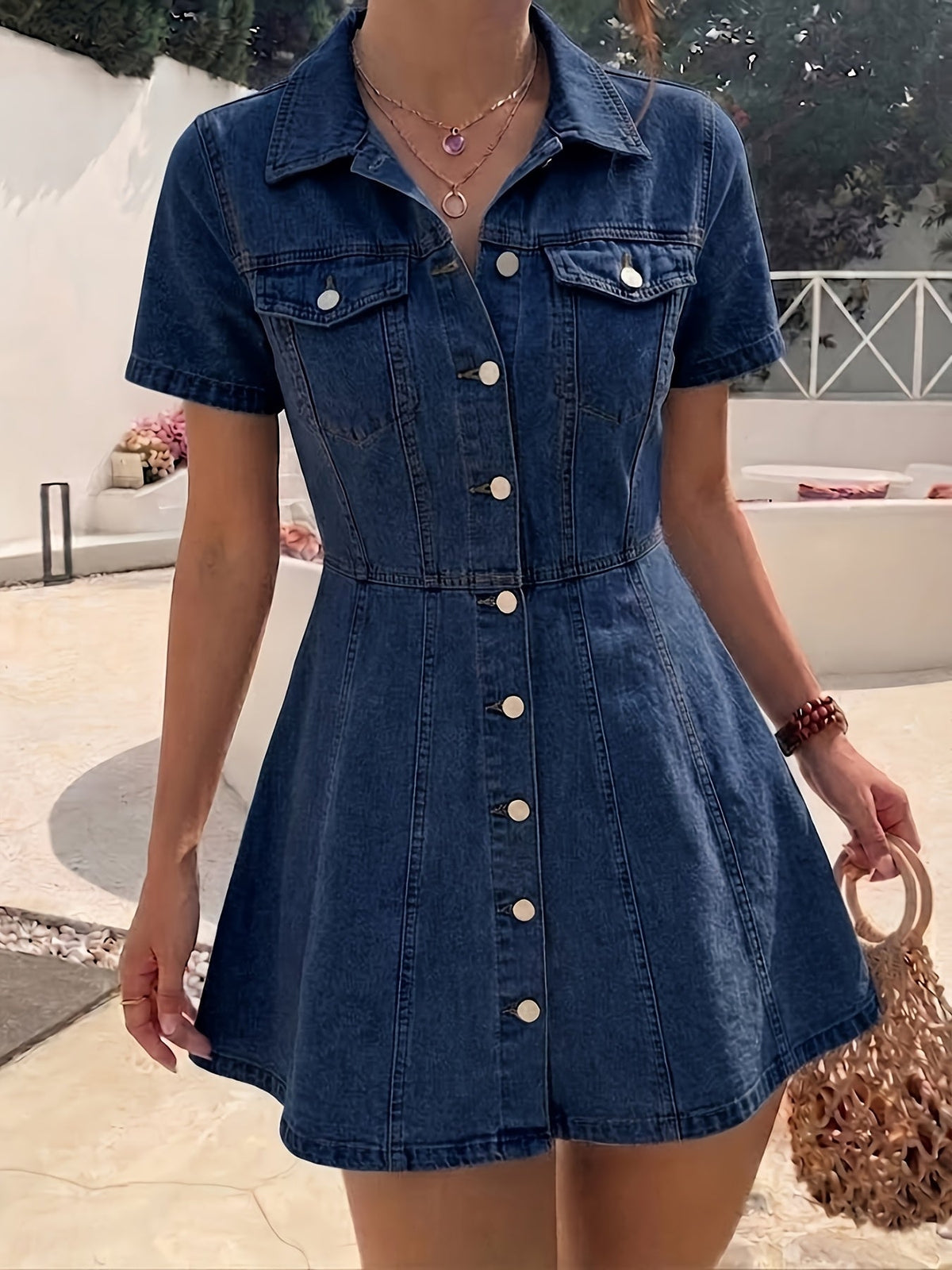 Deep Blue A-Line Denim Jacket for Women, Flared Hem