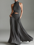 Women's Charcoal Gray Knit Dress Turtleneck Halter Cutout Waist 1