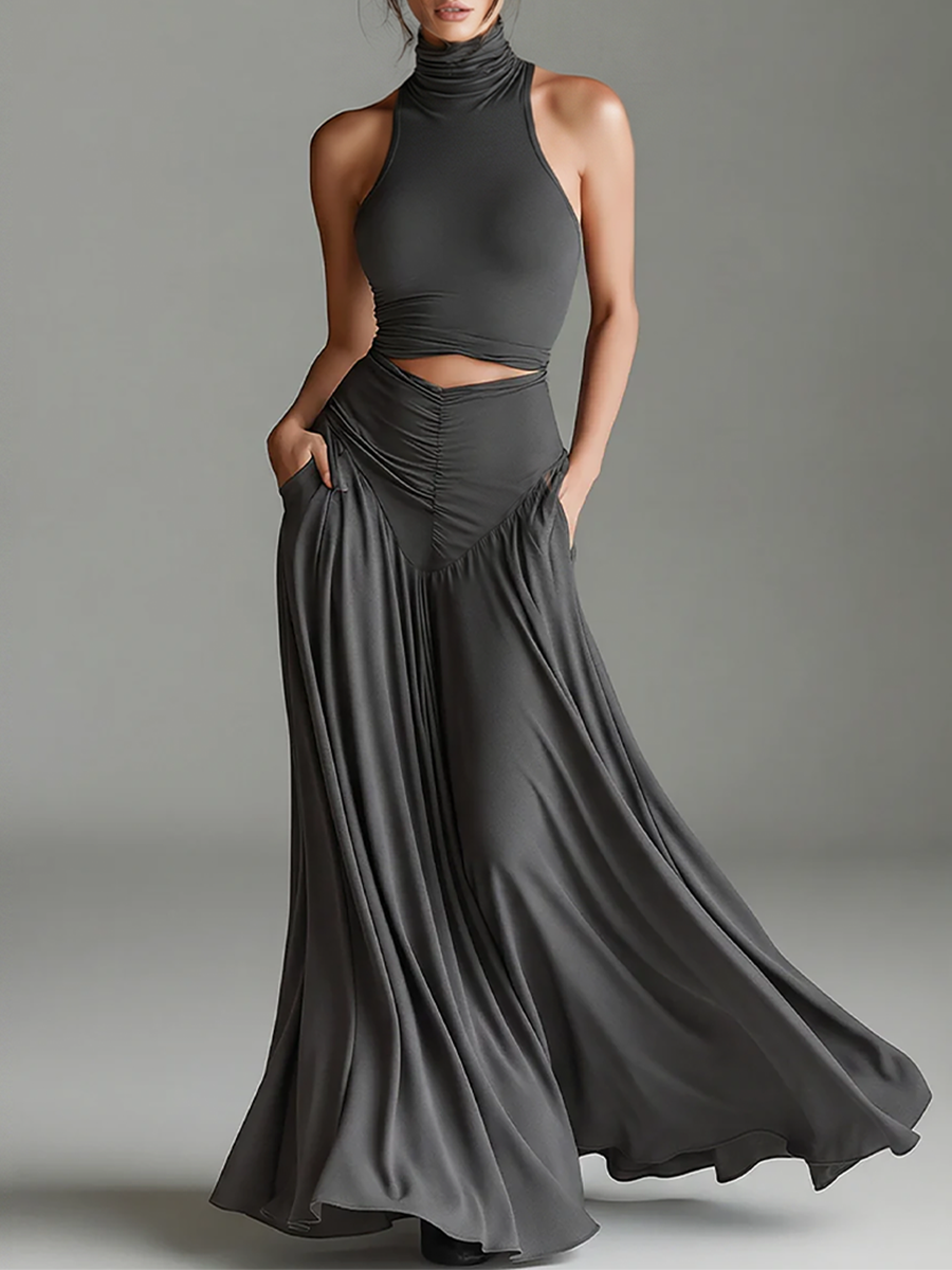 Women's Charcoal Gray Knit Dress Turtleneck Halter Cutout Waist