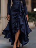 Satin Maxi Dress Midnight Blue Draped Ruffle Detail 3