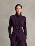 Purple Boho Cotton Stretch Turtleneck Asymmetric Draped Maxi Dress 2