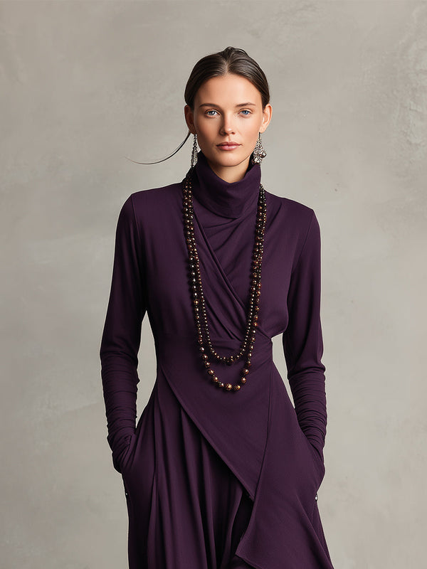 Purple Boho Cotton Stretch Turtleneck Asymmetric Draped Maxi Dress