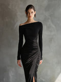 Women's Black Jersey Maxi Dress Off-Shoulder Ruched Slit 2