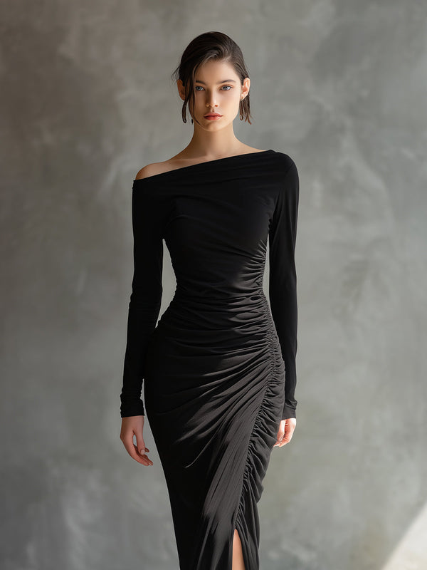 Women's Black Jersey Maxi Dress Off-Shoulder Ruched Slit