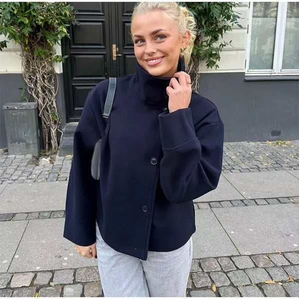 Cropped Funnel Neck Oversized Wool Jacket for Women