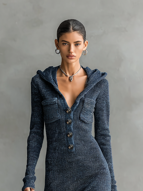 Slim Fit Hooded Knitted Maxi Dress for Women