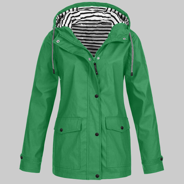 Striped-Lined Waterproof Hooded Raincoat for Women