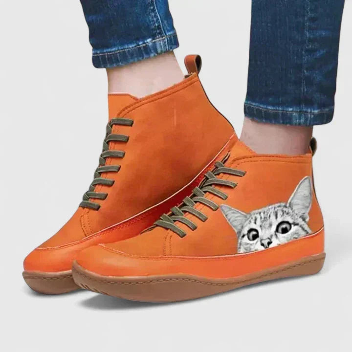 Women's Cat Print Ankle Boots, Lace-Up Orthopaedic Flat
