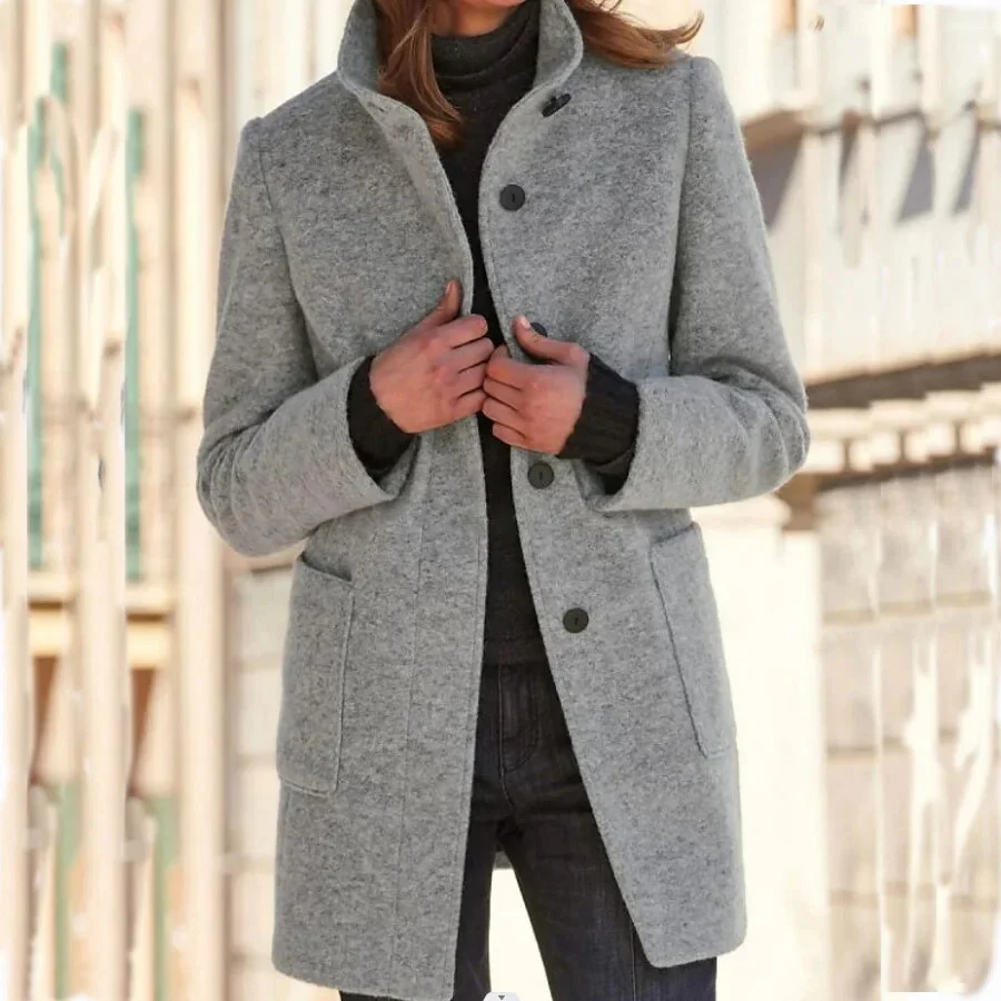 Round Neck Button-Front Wool Blend Coat for Women