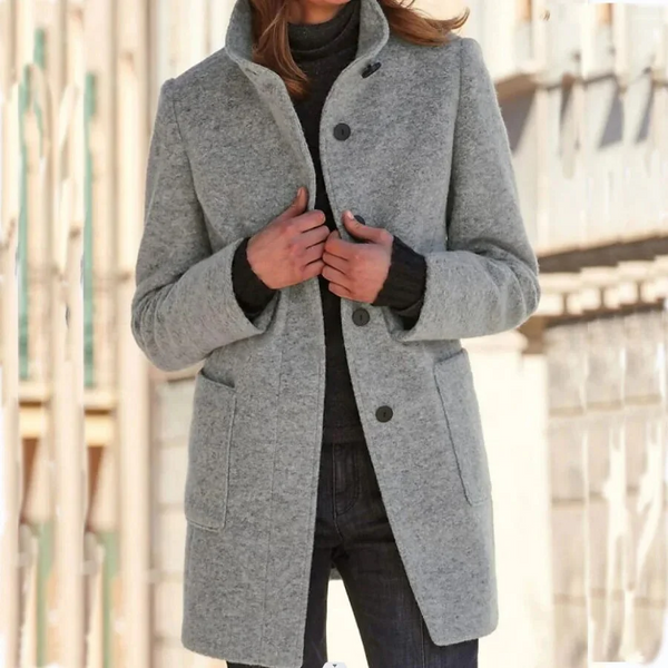Round Neck Button-Front Wool Blend Coat for Women