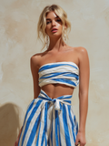Women's Striped Wide-Leg Pants Suit Strapless Blue White Resort 3