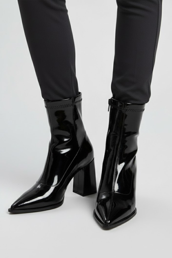 Women's Black Patent Sock Boots, Pointed Toe Heel