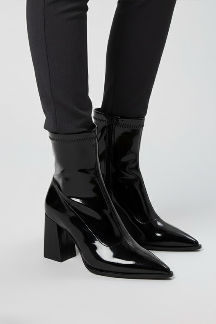 Women's Black Patent Sock Boots, Pointed Toe Heel