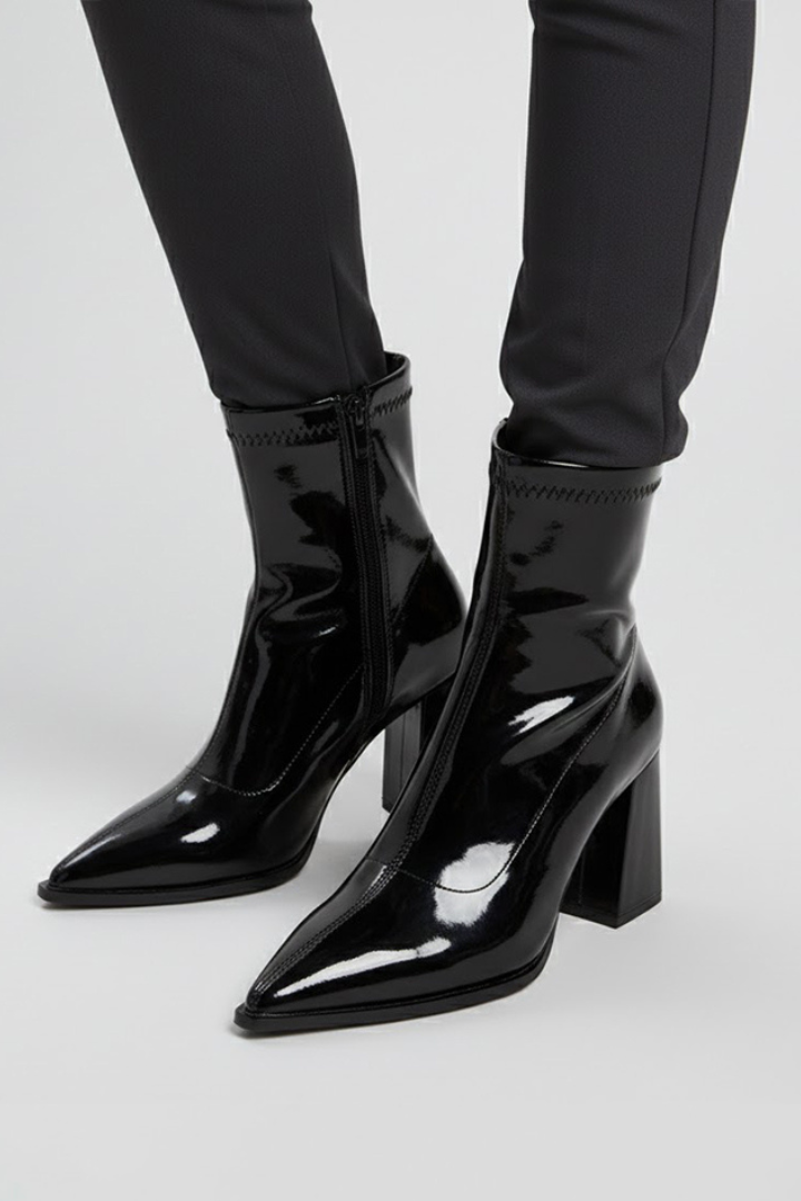 Women's Black Patent Sock Boots, Pointed Toe Heel