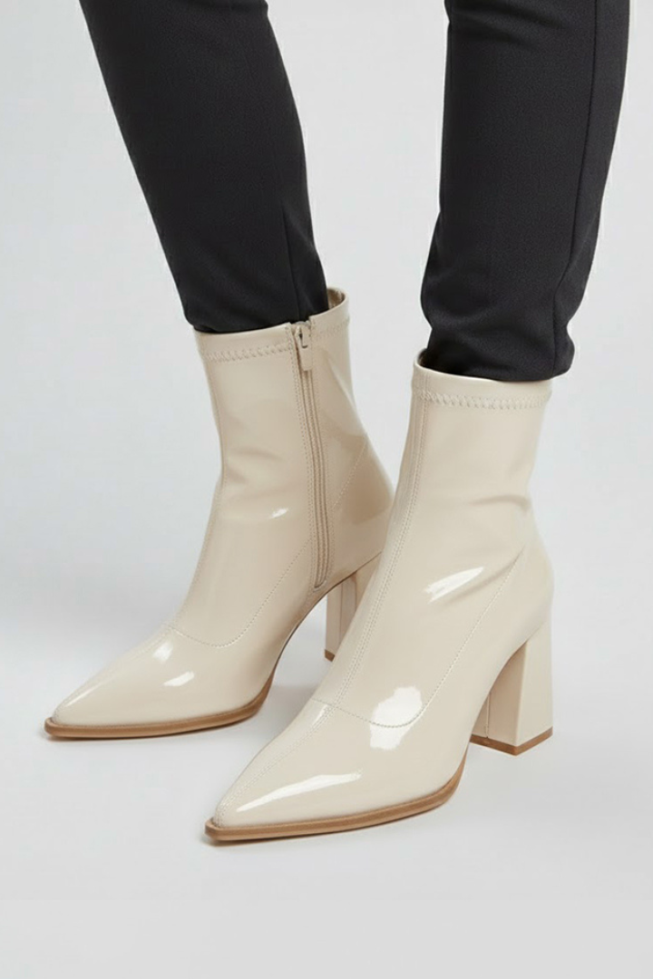 Women's Black Patent Sock Boots, Pointed Toe Heel