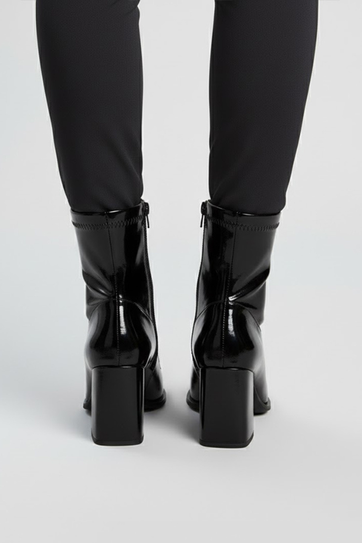 Women's Black Patent Sock Boots, Pointed Toe Heel