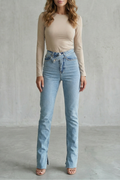 Women's Straight Leg Jeans, Cross Waist High Rise Split Hem 1