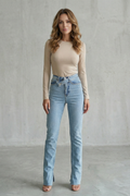 Women's Straight Leg Jeans, Cross Waist High Rise Split Hem 2